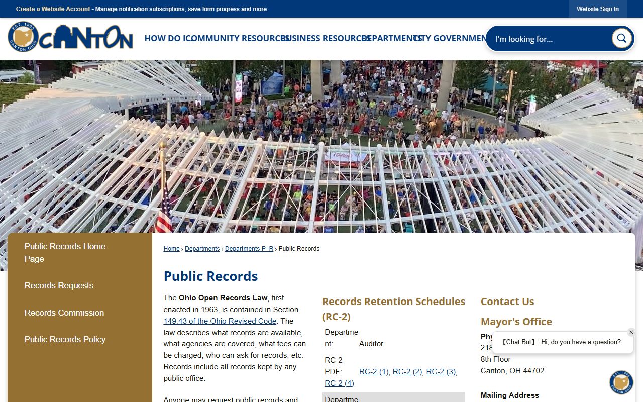 Canton Ohio public records request page for police records
