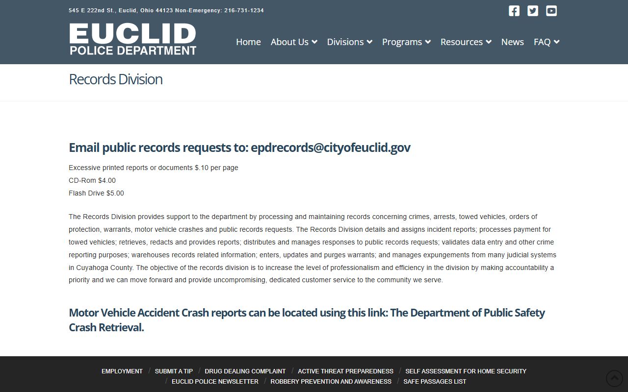Euclid Ohio police records request page