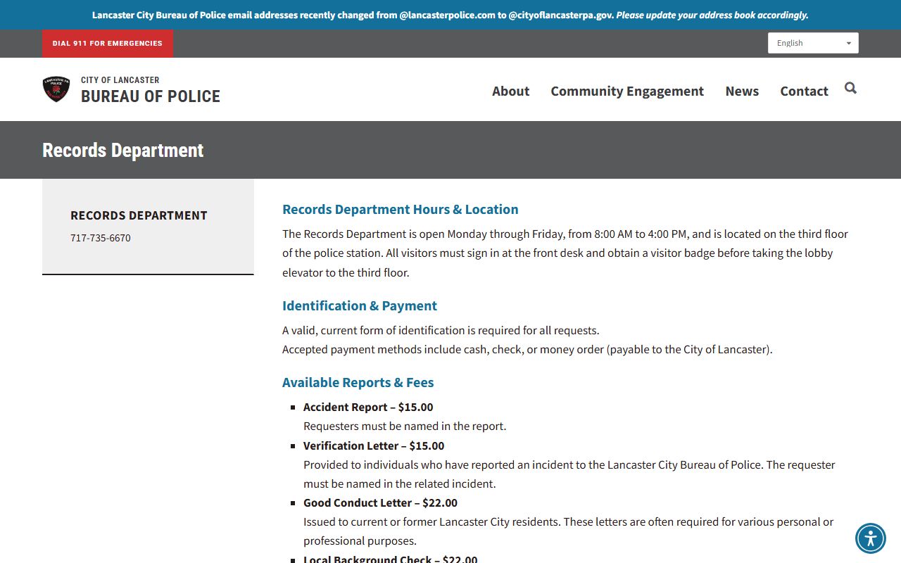 Lancaster Ohio police records request page
