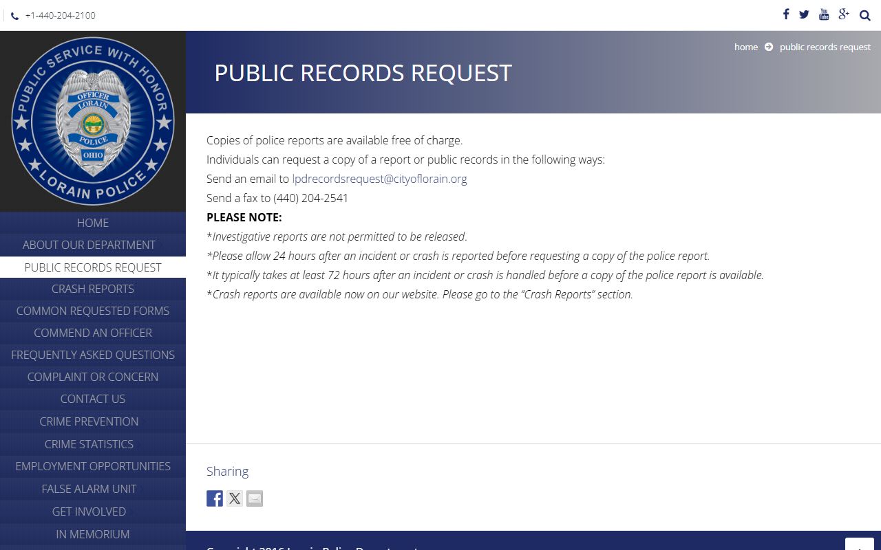 Lorain Ohio police records public records request form