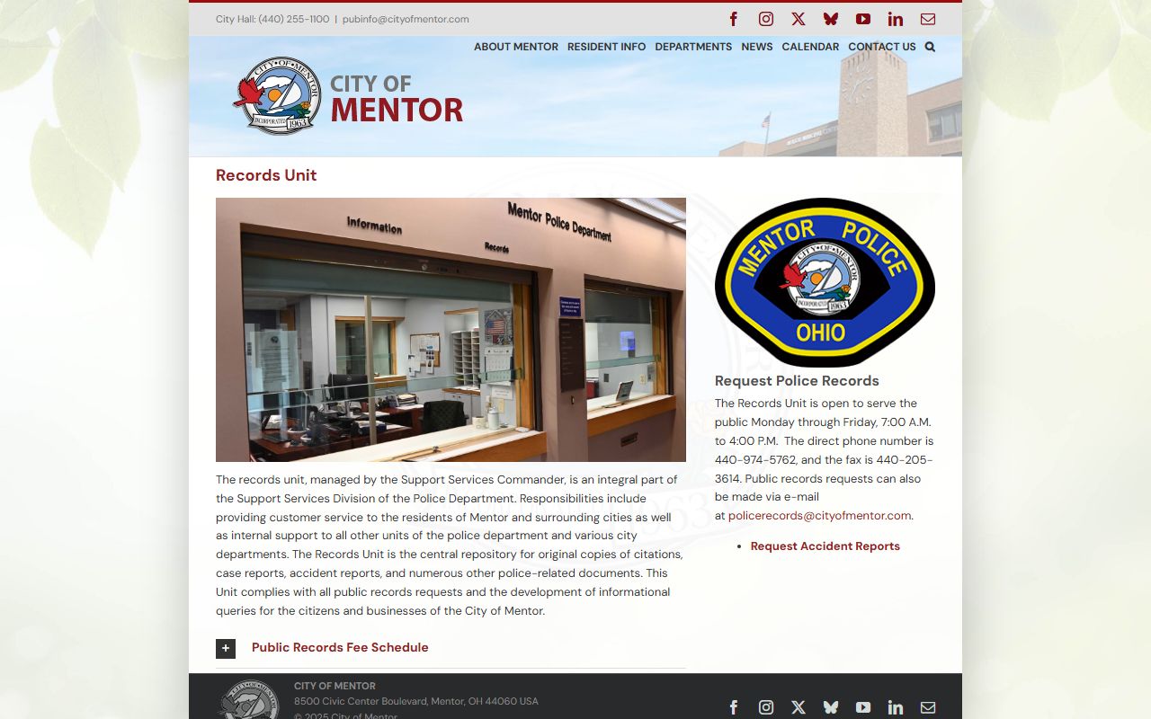 Mentor Ohio police records request page