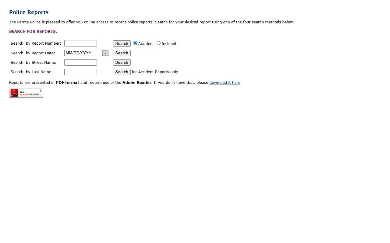 Parma Ohio police records accident report search portal