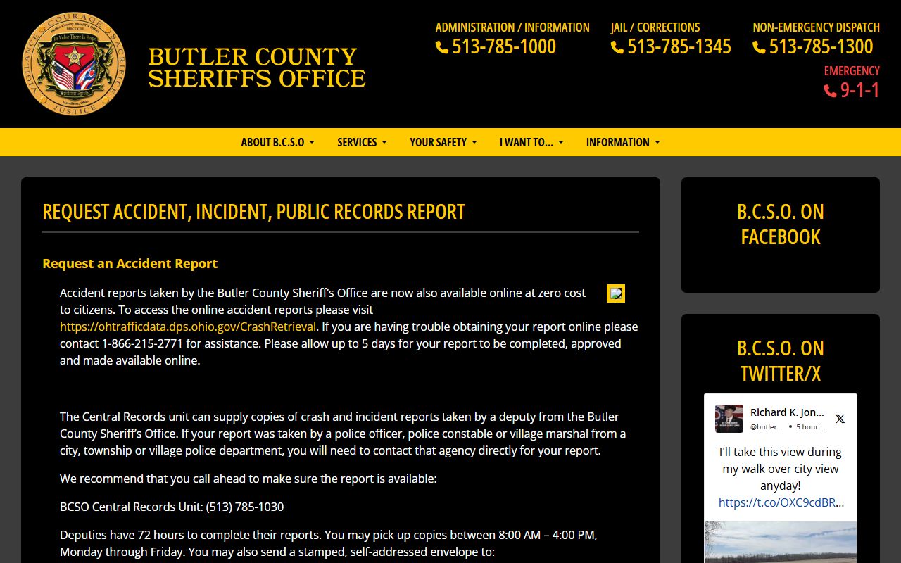 Butler County Ohio Sheriff records request page for police records
