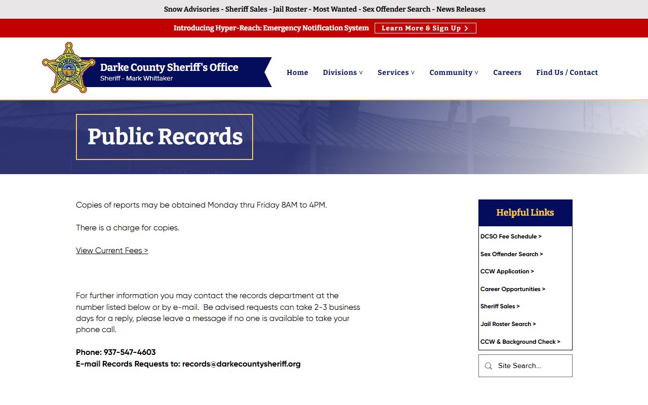 Ohio state records page for Miami County police records search